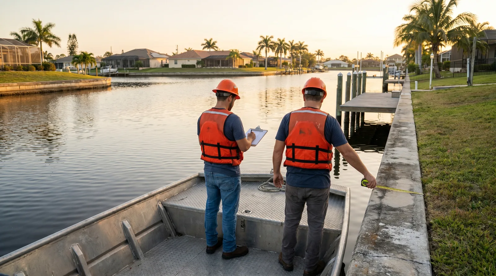 Cape Coral Seawall Repair crew on a work barge at sunrise on a Cape Coral canal