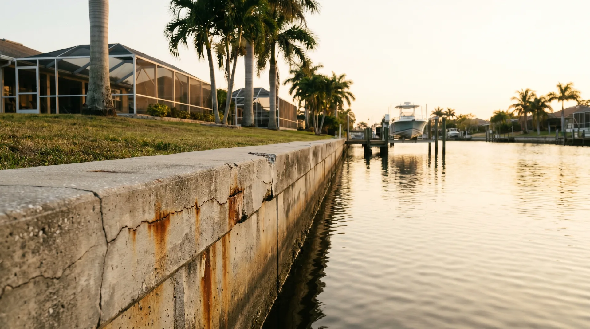 Cape Coral canal seawall meeting deep blue water at golden hour, representative of the waterfront communities we serve